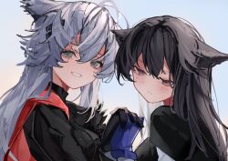 2girls :d aimu_(yazidmubarok_07) animal_ears arknights black_hair black_shirt cape closed_mouth fingerless_gloves gloves grey_background grey_eyes grey_hair grin hair_between_eyes hashtag-only_commentary highres holding_hands interlocked_fingers lappland_(arknights) lappland_the_decadenza_(arknights) light_blush long_hair looking_at_viewer multiple_girls official_alternate_costume portrait purple_gloves red_cape scar scar_across_eye scar_on_face shirt smile texas_(arknights) texas_the_omertosa_(arknights) wolf_ears wolf_girl 