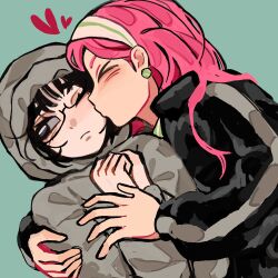  2girls absurdres alien_stage black_hair black_jacket closed_eyes commentary earrings glasses green_background green_hairband grey_hoodie hairband hashtag-only_commentary heart highres hood hood_up hoodie jacket jewelry kiss kissing_cheek mizi_(alien_stage) multicolored_hairband multiple_girls official_alternate_costume one_eye_closed pink_hair rawgluten sphere_earrings striped_clothes striped_hairband sua_(alien_stage) two-tone_hairband white_hairband 
