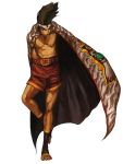  1boy abs big_hair brown_hair cape dark_skin hachimaki hand_in_pants headband joe_higashi king_of_fighters king_of_fighters_2001 nona official_art pectorals shirtless shorts snk solo toeless_socks toes white_background 