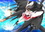  1girl airplane armpits big.g black_hair detached_sleeves explosion hairband haruna_(kantai_collection) japanese_clothes kantai_collection long_hair machinery ocean personification red_eyes ribbon solo turret water wide_sleeves 