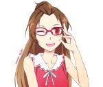  1girl bespectacled brown_hair bust character_name dokidoki!_precure glasses long_hair looking_at_viewer madoka_aguri negom open_mouth precure red-framed_glasses red_eyes simple_background sleeveless smile solo white_background wink 