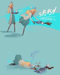  1girl 2021 2d all_fours alternate_costume angstyhikka anthro antlers aqua_background blonde_hair body_fur brown_fur coat comic commentary cup deer deer_girl deltarune digital_media dress drink edit english_commentary fallen_down female female_only furry furry_female green_dress hat highres lab_coat long_hair long_sleeves mammal mug noelle_holiday noelle_holiday_(dark_world) noelle_holiday_(takecare) nurse nurse_cap official_alternate_costume reindeer reindeer_girl segmented_comic simple_background solo spill spilled_drink stitched third-party_edit top-down_bottom-up tray utdr_(toby_fox) white_coat white_hat 