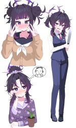  1girl 82jhin absurdres blue_archive blue_pants blue_vest doodle_sensei_(blue_archive) double_v hair_between_eyes halo haruka_(blue_archive) haruka_(suit)_(blue_archive) hashtag-only_commentary highres holding holding_knife knife long_hair necktie official_alternate_costume pants purple_hair purple_halo purple_necktie sensei_(blue_archive) shirt simple_background v vest violet_eyes white_background white_shirt 