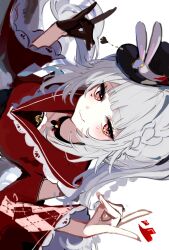  1girl absurdres black_choker black_gloves black_hat blush braid butterfly-shaped_pupils choker clothing_cutout commentary diamond_(shape) diamond_facial_mark diamond_on_cheek double_fox_shadow_puppet facial_mark fox_shadow_puppet gloves hat hat_ornament heart heart_facial_mark heart_on_cheek highres honkai:_star_rail honkai_(series) long_hair looking_at_viewer magnet_8_8 mark_under_both_eyes mini_hat mini_top_hat multicolored_hair pink_eyes rabbit_ear_headwear rabbit_hat_ornament shoulder_cutout single_glove smile solo sparkle_(honkai:_star_rail) sparxie_(honkai:_star_rail) symbol-shaped_pupils top_hat twintails untranslatable_commentary white_hair 