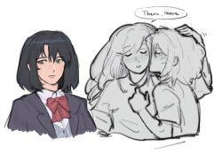 2girls adachi_sakura adachi_to_shimamura black_hair black_jacket blazer blush bow bowtie closed_mouth commentary cuddling english_text grey_eyes hashtag-only_commentary highres jacket medium_hair multiple_girls red_bow red_bowtie school_uniform shimamura_hougetsu simple_background speech_bubble white_background yuri zyukiel 