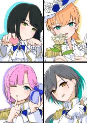  4girls ;d absurdres anyoji_hime aqua_eyes ascot black_hair blue_eyes blue_flower blue_rose blunt_bangs blunt_ends bob_cut column_lineup commentary drop_shadow epaulettes finger_to_mouth flower gift gift_bag gloves green_eyes grid_lineup grin hat hat_flower heart highres hinoshita_kaho holding holding_flower holding_gift holding_heart ichigo_milk_love jacket katsuragi_izumi link!_like!_love_live! long_hair long_sleeves love_live! low_ponytail momose_ginko mouth_hold multiple_girls one_eye_closed orange_eyes orange_hair pink_hair ponytail princes_(love_live!) rose short_hair shushing simadaburyu smile white_ascot white_day white_flower white_gloves white_hat white_jacket white_rose 