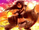  1girl akahito brown_hair clouds crossed_arms elbow_gloves gloves hairband kantai_collection long_hair machinery midriff mound_of_venus nagato_(kantai_collection) navel ocean personification red_eyes sky solo sunset thigh-highs turret 