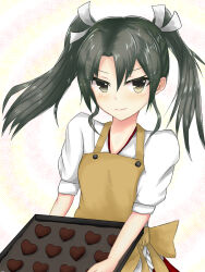  1girl apron baking_sheet bed_sheet black_hair chocolate_making commentary diagonal-striped_background english_commentary floating_hair hair_ribbon highres holding holding_sheet kantai_collection medium_hair red_skirt ribbon shirt short_sleeves skirt smile solo striped_background twintails upper_body v-shaped_eyebrows valentine white_background white_ribbon white_shirt wrightia yellow_apron yellow_background yellow_eyes zuikaku_(kancolle) 