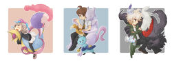  1girl 2boys brown_hair candle commentary_request cresselia crossover danganronpa_(series) danganronpa_2:_goodbye_despair darkrai dewott eevee green_jacket highres hinata_hajime jacket komaeda_nagito litwick mewtwo mizutaki_gutugutu multiple_boys musharna nanami_chiaki otter partial_commentary pokemon pokemon_(creature) pokemon_team porygon2 sleeping togetic white_background white_hair 