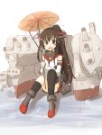  1girl :d blush brown_eyes brown_hair cannon kantai_collection long_hair looking_at_viewer mashayuki open_mouth personification pleated_skirt ponytail sitting skirt smile solo thighhighs turret umbrella very_long_hair yamato_(kantai_collection) zettai_ryouiki 