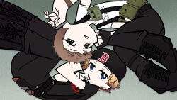  2boys \m/ a1binos1ug animification arm_up bare_arms belt black_belt black_boots black_gloves black_hat black_pants blonde_hair blue_eyes boots bright_pupils brown_hair clenched_teeth clothes_writing commentary_request covered_mouth covering_own_mouth curly_hair dylan_klebold earrings english_text eric_harris expressionless fingerless_gloves fingernails full_body gloves green_eyes grey_background hair_behind_ear hand_on_own_cheek hand_on_own_face hand_up hat highres jewelry knee_boots knees_up lace-up_boots looking_at_viewer male_focus multiple_boys pants panty_&amp;_stocking_with_garterbelt_(style) parted_lips pigeon-toed real_life shirt short_hair short_sleeves simple_background single_fingerless_glove single_glove suspenders t-shirt teeth thick_lineart true_crime upside-down very_short_hair white_pupils white_shirt 