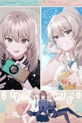  2girls bandaid bandaid_on_cheek bandaid_on_face black_overalls black_overskirt black_pantyhose black_skirt black_sweater blue_necktie blue_sweater blush chain-link_fence chinese_text closed_eyes collared_shirt commentary corrupted_twitter_file cracked_screen crossed_bandaids diagonal-striped_clothes diagonal-striped_necktie drink_carton fence flying_sweatdrops girls_band_cry grey_eyes grey_hair highres holding holding_juice_box iseri_nina juice_box kawaragi_momoka long_hair long_sleeves low_twintails men_lan_de_miantiao_yeshi_miantiao multicolored_hair multiple_girls necktie open_mouth overall_skirt overalls pantyhose ponytail red_hair roots_(hair) shirt short_hair short_sleeves short_twintails skirt smile speech_bubble striped_clothes sweater teeth translation_request twintails untranslatable_commentary white_shirt 