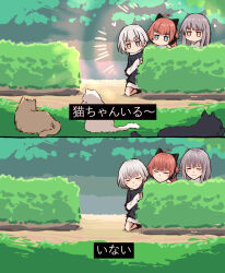  3girls ahoge animal_ear_headphones animal_ears bad_id bad_twitter_id bang_dream! bang_dream!_girls_band_party! bang_dream!_it's_mygo!!!!! black_cat black_shirt blue_eyes brown_cat brown_hair cat cat_ear_headphones cat_ears closed_eyes crying fake_animal_ears grey_hair headphones heterochromia hiding highres jitome kaname_raana long_hair long_sleeves medium_hair minato_yukina multiple_girls raana_the_cat shirt subtitled tamade_chiyu translation_request white_cat white_hair white_shirt yellow_eyes yukitake_(bullfalk) 