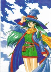  1girl absurdres blue_cloak cloak clouds cloudy_sky dress green_dress green_eyes green_hair hat hat_tip highres kichikuou_rance masou_shizuka mutsumi_masato official_art open_mouth rance_(series) scan scarf sky solo third-party_source witch_hat yellow_scarf 