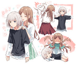  2girls :3 bad_id bad_twitter_id bang_dream! bang_dream!_it's_mygo!!!!! black_shirt blue_eyes brown_hair closed_mouth flower_symbol green_shirt green_skirt groping_motion hands_on_another's_shoulders heart_out_of_chest heterochromia highres hug_invitation kaname_raana layered_sleeves long_sleeves lying medium_hair multiple_girls multiple_views nagasaki_soyo on_side open_mouth outstretched_arms parted_bangs red_skirt shirt short_over_long_sleeves short_sleeves skirt sleeping smile spread_arms squeans white_hair white_shirt yellow_eyes yukitake_(bullfalk) 