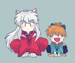  2boys ^_^ animal_ears bead_necklace beads blush_stickers chibi chibi_only closed_eyes closed_mouth dog_boy dog_ears dot_mouth fang fox_boy grey_background hair_between_eyes hakama highres inuyasha inuyasha_(character) japanese_clothes jewelry kimono long_hair male_focus multiple_boys necklace nmnm_bbb open_mouth pointy_ears ponytail red_hakama shippou_(inuyasha) sitting smile white_hair 