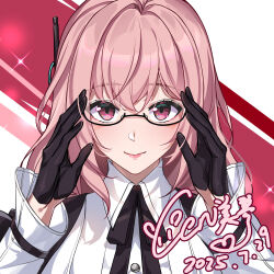  1girl artist_name black_gloves cen_(cenll) collared_shirt commentary_request dated glasses gloves highres long_hair long_sleeves looking_at_viewer pink_eyes pink_hair portrait shirt smile solo tsukishiro_yanagi white_shirt zenless_zone_zero 