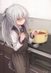  1girl ahoge alternate_hairstyle apron black_thighhighs blue_sailor_collar blue_skirt blush brown_apron cabinet collarbone commentary_request cooking cooking_pot cowboy_shot eighth_note food from_side grey_eyes grey_hair hair_between_eyes hibiki_(kancolle) highres holding holding_ladle holding_plate indoors kantai_collection kuuru_(kuuru-n) ladle long_hair long_sidelocks long_sleeves looking_at_viewer musical_note neckerchief plate pleated_skirt ponytail red_neckerchief sailor_collar school_uniform serafuku shirt sidelocks skirt smile solo soup stove thigh-highs tile_wall tiles turning_head white_shirt 