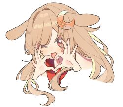  1girl 22_rink animal_ears blonde_hair cho_kaguya-hime! crescent crescent_hair_ornament hair_ornament hands_up heart heart_hands kaguya_(cho_kaguya-hime!) long_hair looking_at_viewer lop_rabbit_ears one_eye_closed open_mouth portrait rabbit_ears red_eyes simple_background smile solo white_background 