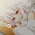  1girl absurdres animal_ears bare_shoulders blush detail hajime_(ak-r) heart highres inubashiri_momiji long_sleeves lying on_side open_mouth pillow red_eyes silver_hair smile solo tail touhou wolf_ears wolf_tail 
