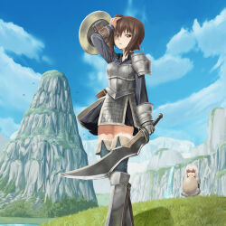  2girls arm_shield armor armored_boots black_collar black_skirt boots breasts brown_eyes brown_hair closed_eyes closed_mouth collar commentary_request egg girls_und_panzer grey_hair grey_shirt hand_on_own_head holding holding_egg holding_sword holding_weapon itsumi_erika kneehighs kuromorimine_school_uniform large_breasts long_hair long_sleeves looking_at_viewer monster_hunter_(series) multiple_girls nishizumi_maho open_mouth panorama partially_unbuttoned pleated_skirt rents_(akirents) school_uniform shield shirt short_hair shoulder_armor skirt socks sword water waterfall weapon wing_collar 