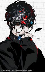  1boy alternate_costume amamiya_ren bent_v black-framed_eyewear black_hair black_nails black_sweater blank_speech_bubble btmr_game character_print diamond_hair_ornament glasses grid_background hair_ornament jack_frost_(megami_tensei) logo_hair_ornament long_eyelashes long_sleeves looking_at_viewer male_focus morgana_(persona_5) multiple_hair_clips nail_polish number_hair_ornament persona persona_5 round_eyewear short_hair signature smile solo speech_bubble star_(symbol) star_hair_ornament sweater text_hair_ornament tsurime upper_body v v_over_mouth 