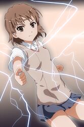  1girl biribiri brown_eyes brown_hair coin electricity ma-2_(mazema-2) misaka_mikoto school_uniform short_hair to_aru_kagaku_no_railgun to_aru_majutsu_no_index 