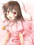  1girl animal_ears brown_hair carrot fang floral_background gradient gradient_background inaba_tewi jewelry looking_at_viewer open_mouth pendant puffy_short_sleeves puffy_sleeves rabbit_ears red_eyes roino short_hair short_sleeves skirt skirt_set solo touhou 