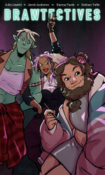  1boy 1girl 1other abs absurdres aquiline_nose armband beard blonde_hair brown_hair closed_mouth colored_skin crop_top dark-skinned_female dark_skin drawfee drawtectives dwarf earrings facial_hair flower green_skin grendan_highforge gyorik_rogdul hair_bun hair_flower hair_ornament highres holding holding_stylus jacket jewelry large_nose miniskirt monster_boy mullet muscular muscular_male nose occudo official_alternate_costume open_clothes open_jacket open_mouth orc pectoral_cleavage pectorals pink_hair plump pointy_ears ponytail rose_(drawtectives) shirt skirt sleeveless sleeveless_shirt smile stylus underbite undercut wide_nose 