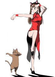  1girl :3 animal_ear_hairband animal_ears blue_eyes breasts brown_hair cat cat_ear_hairband cat_ears china_dress chinese_clothes commentary_request crane_stance dress fake_animal_ears full_body hairband highres kung_fu lee_(dragon_garou) original outstretched_arm red_dress shadow side_slit small_breasts standing standing_on_one_leg tiptoes twintails wristband 