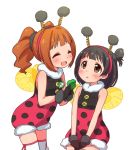  2girls :d :o ^_^ animal_costume black_gloves black_hair blush brown_eyes brown_hair closed_eyes gloves hairband idolmaster idolmaster_million_live! insect_wings kanya_pyi ladybug_costume multiple_girls nakatani_iku open_mouth polka_dot scrunchie sleeveless smile spring_(object) takatsuki_yayoi thighhighs twintails wings 