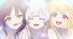  3girls absurdres black_hair blue_hair blush brown_eyes cho_kaguya-hime! closed_eyes commentary_request green_eyes highres incredibly_absurdres kaguya_(cho_kaguya-hime!) long_hair multiple_girls open_mouth runami_yachiyo sakayori_iroha teeth thereaakari upper_teeth_only white_hair 
