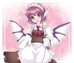  1girl alternate_costume animal_ears blush commentary_request dress_shirt enmaided hammer_(sunset_beach) looking_at_viewer maid maid_headdress mystia_lorelei open_mouth pink_eyes pink_hair shirt short_hair skirt solo touhou wings 