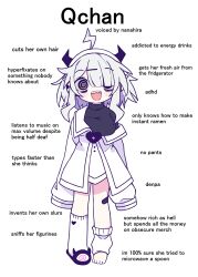  1girl :d @_@ absurdres ahoge asymmetrical_legwear bags_under_eyes bandaid bandaid_on_leg barefoot black_eyes black_horns black_slippers black_sweater blush blush_stickers breasts brooch character_name coat demon_girl demon_horns english_commentary excited expressive_hair full_body hair_ornament hair_over_one_eye hairband hairclip heart heart_brooch highres horns jewelry leg_warmers long_sleeves looking_at_viewer medium_breasts medium_hair melonbread messy_hair mismatched_legwear multicolored_eyes no_pants off_shoulder open_mouth pointing_out_the_details qchan rainbow_eyes raised_eyebrows reference_sheet shoes sidelocks simple_background single_shoe sleeves_past_fingers sleeves_past_wrists slippers smile solo spiral standing sweater toes turtleneck turtleneck_sweater white_background white_coat white_hair white_hairband wide-eyed 