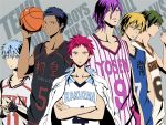  6+boys akashi_seijuurou aomine_daiki basketball basketball_uniform blonde_hair blue_hair green_hair kise_ryouta kuroko_no_basuke kuroko_tetsuya long_image midorima_shintarou multiple_boys murasakibara_atsushi short_hair sportswear 