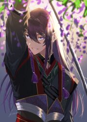  1boy :d absurdres arm_up artist_name backlighting black_hanfu bloom blurry blurry_foreground chinese_clothes commentary_request ensemble_stars! flower grey_background grin hair_between_eyes hair_down hair_intakes hanfu head_down highres kanzaki_souma karakusa_(pattern) kocoes layered_sleeves light_particles long_hair long_sleeves looking_at_viewer male_focus mandarin_collar official_alternate_costume purple_flower purple_hair red_trim sidelocks smile solo v-shaped_eyebrows violet_eyes wisteria 
