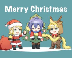  1girl 2boys 6_chair absurdres animal_costume aqua_eyes bag bell belt belt_buckle black_belt black_boots black_mittens blonde_hair blue_background blue_eyes blush boots bow bowtie brown_pants buckle chibi chibi_only christmas christmas_ornaments christmas_tree_costume closed_eyes decorating_christmas_tree dress fur_trim garland_(decoration) hair_ornament hairclip hat highres holding holding_ornament holding_star kagamine_len kagamine_rin kaito_(vocaloid) long_sleeves merry_christmas mittens multiple_boys neck_bell onesie open_mouth pants parallel_hairclips red_bow red_bowtie red_dress reindeer_costume santa_costume santa_dress santa_hat short_hair simple_background small_sweatdrop smile standing star_(symbol) vocaloid 