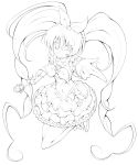  1girl ;d absurdres braid brooch choker cure_melody dress frills hair_ribbon happy heart highres houjou_hibiki isumi_(i-spixi) jewelry lineart long_hair looking_at_viewer midriff miracle_belltier monochrome navel open_mouth outstretched_hand precure ribbon smile solo suite_precure thigh-highs twintails wand wink 
