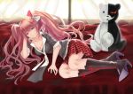  1girl arm_support boots bow breasts cleavage curtains dangan_ronpa enoshima_junko hair_bow highres long_hair monokuma on_bed pink_hair plaid plaid_skirt pleated_skirt skirt smile solo violet_eyes wenhe 