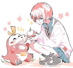  1girl amate_yuzuriha apple aqua_eyes aqua_shirt aqua_skirt blush closed_eyes collared_shirt fangs food fruit fuecoco fuji_(f_ukkami) gundam gundam_gquuuuuux highres holding holding_food holding_fruit long_sleeves necktie open_mouth pokemon pokemon_(creature) red_hair school_uniform shirt short_hair skirt smile starter_pokemon_trio sweater teeth tongue 
