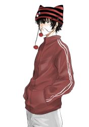  1boy ace_of_diamond beanie black_hair brown_eyes closed_mouth commentary_request full-length_zipper hair_between_eyes hands_in_pockets hat highres ippantsuka_wan jacket male_focus pants pom_pom_(clothes) pom_pom_beanie red_jacket sawamura_eijun short_hair simple_background solo vertical-striped_sleeves white_background white_pants zipper 