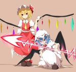  2girls absurdres ascot bat_wings blonde_hair blue_hair dress eyeball flandre_scarlet hat hat_ribbon highres looking_at_viewer mob_cap multiple_girls pointy_ears puffy_sleeves red_dress red_eyes remilia_scarlet ribbon sash shirt short_sleeves siblings side_ponytail sisters smile spear_the_gungnir squatting standing_on_one_leg touhou udongein white_dress wings 
