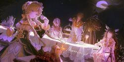  2boys 3girls absurdres alcohol arlecchino_(genshin_impact) arm_ribbon bare_shoulders black_collar black_eyes black_gloves black_hair black_hands black_helm black_helmet black_mask black_sleeves black_streaks blue_eyes bonnet bottle bow breasts brown_hair bug cake cake_slice capitano_(genshin_impact) chair clawed_gauntlets closed_eyes closed_mouth clouds cocktail_glass collar colored_extremities columbina_(genshin_impact) creamer_(vessel) cup dessert detached_collar detached_sleeves dfish2_0 dress drinking_glass eating english_commentary english_text eye_mask faceless faceless_male fingernail_gloves flower food fork frills full_moon genshin_impact gift gloves hair_between_eyes hair_ornament hair_ribbon head_wings headdress helm helmet highres holding holding_cup holding_fork holding_gift holding_plate holding_saucer holding_teapot holding_tray insect_wings long_hair long_sidelocks long_sleeves looking_at_viewer mask mask_on_head moon moth moth_wings multicolored_hair multiple_boys multiple_girls multiple_wings night open_mouth orange_hair pants parfait pastry plate purple_hair purple_streaks red_flower red_mask red_pupils red_rose ribbon rose sandrone_(genshin_impact) sandwich saucer see-through_clothes see-through_mask short_hair short_hair_with_long_locks sidelocks sitting smile spiked_helmet streaked_hair sugar_bowl symbol-shaped_pupils table tablecloth tartaglia_(genshin_impact) tea tea_party tea_set teacup teapot tiered_tray tray two-tone_hair very_long_hair white_dress white_hair white_headdress white_mask white_wings winding_key wine wine_bottle wine_glass wing_hair_ornament wings wrist_bow x-shaped_eyewear x-shaped_pupils 