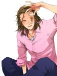  1boy arm_support blush brown_hair dress_shirt drink drunk glass grin headband highres indian_style jeans jewelry long_hair looking_at_viewer male messy_hair necklace saliva shimogamo_yajirou shirt sitting sleeves_folded_up smile uchouten_kazoku white_background wink zkakq 