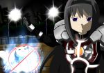  1girl :3 akemi_homura armor bench black_hair blue_eyes blue_fire female fire flame hairband kamen_rider kamen_rider_555 kamen_rider_faiz kyubey long_hair mahou_shoujo_madoka_magica red_eyes u_u_(mooooooou) 