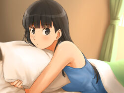  1girl :/ amagami ayatsuji_tsukasa black_eyes black_hair blanket blue_camisole breasts camisole closed_mouth commentary_request curtains from_side highres hugging_object indoors light_blush long_hair looking_at_viewer lying medium_breasts on_stomach pillow pillow_hug solo takenoko_saba_otto under_covers 