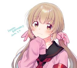  1girl armband birthday black_sailor_collar blush brown_eyes brown_hair cardigan closed_mouth commentary_request fuji_fujino hair_ornament hand_to_own_mouth happy_birthday long_hair long_sleeves looking_at_viewer low_twintails natori_sana natori_sana_(school_uniform) neckerchief pink_cardigan rabbit_hair_ornament red_armband red_neckerchief sailor_collar sana_channel school_uniform serafuku simple_background solo twintails upper_body virtual_youtuber white_background 