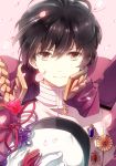  1boy axis_powers_hetalia black_eyes black_hair cape gloves hat highres japan_(hetalia) komochi petals short_hair smile solo uniform 