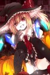  1girl blonde_hair blood fangs flandre_scarlet gloves halloween hat nonomichi red_eyes short_hair side_ponytail solo thigh-highs touhou wings witch_hat 