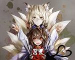  2girls animal_ears arms_up blonde_hair bow brown_eyes brown_hair cat_ears cat_tail chen dress fox_ears fox_tail heart heart_tail kaguyakyou long_sleeves looking_at_viewer multiple_girls multiple_tails no_hat open_mouth red_dress shirt smile tail touhou white_background yakumo_yukari yellow_eyes 